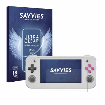 Parte frontal de un envase de producto con el logotipo de la marca Savvies. Al lado se muestra el dispositivo Anbernic RG505 c