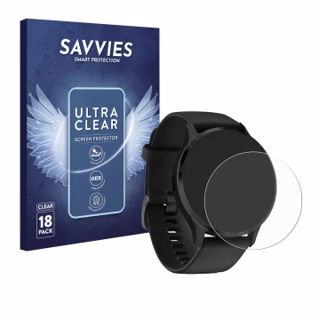 Parte frontal de un envase de producto con el logotipo de la marca Savvies. Al lado se muestra el dispositivo Garmin Venu 3S c