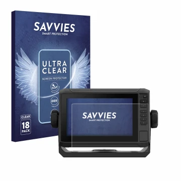 Parte frontal de un envase de producto con el logotipo de la marca Savvies. Al lado se muestra el dispositivo Garmin ECHOMAP U