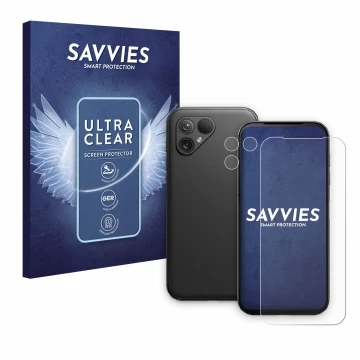 Parte frontal de un envase de producto con el logotipo de la marca Savvies. Al lado se muestra el dispositivo Fairphone 5 (Fro