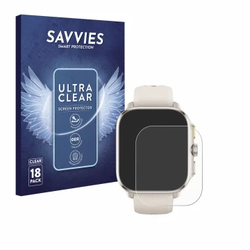 Parte frontal de un envase de producto con el logotipo de la marca Savvies. Al lado se muestra el dispositivo Huami Amazfit Ch