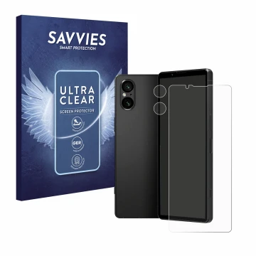 Parte frontal de un envase de producto con el logotipo de la marca Savvies. Al lado se muestra el dispositivo Sony Xperia 5 V 