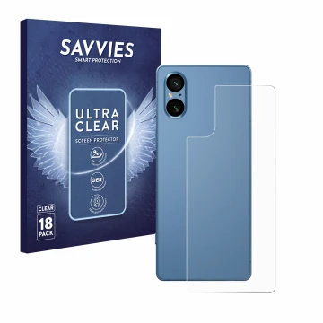 Parte frontal de un envase de producto con el logotipo de la marca Savvies. Al lado se muestra el dispositivo Sony Xperia 5 V 