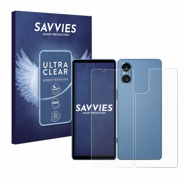 Parte frontal de un envase de producto con el logotipo de la marca Savvies. Al lado se muestra el dispositivo Sony Xperia 5 V 