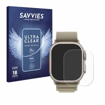 Parte frontal de un envase de producto con el logotipo de la marca Savvies. Al lado se muestra el dispositivo Apple Watch Ultr