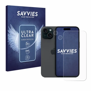 Parte frontal de un envase de producto con el logotipo de la marca Savvies. Al lado se muestra el dispositivo Apple iPhone 15 