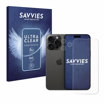 Parte frontal de un envase de producto con el logotipo de la marca Savvies. Al lado se muestra el dispositivo Apple iPhone 15 