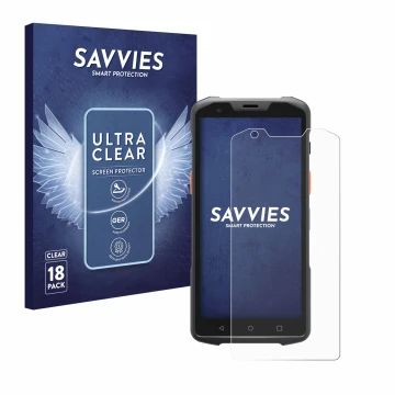 Parte frontal de un envase de producto con el logotipo de la marca Savvies. Al lado se muestra el dispositivo Sunmi L2s Pro co