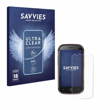 Parte frontal de un envase de producto con el logotipo de la marca Savvies. Al lado se muestra el dispositivo Unihertz Jelly S