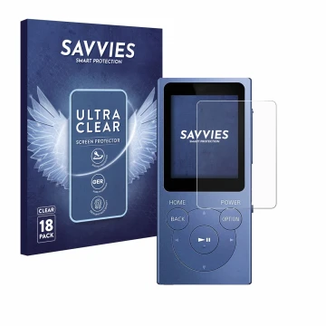 Parte frontal de un envase de producto con el logotipo de la marca Savvies. Al lado se muestra el dispositivo Sony Walkman NW-