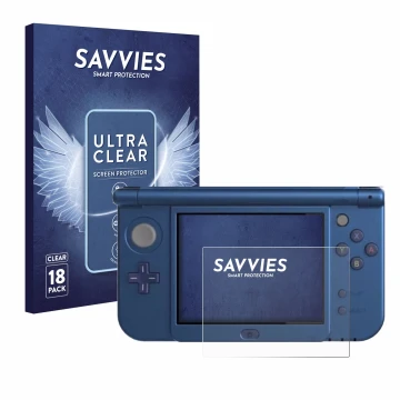 Parte frontal de un envase de producto con el logotipo de la marca Savvies. Al lado se muestra el dispositivo Nintendo New 3DS