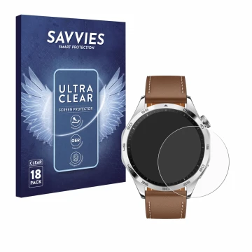 Parte frontal de un envase de producto con el logotipo de la marca Savvies. Al lado se muestra el dispositivo Huawei Watch GT 
