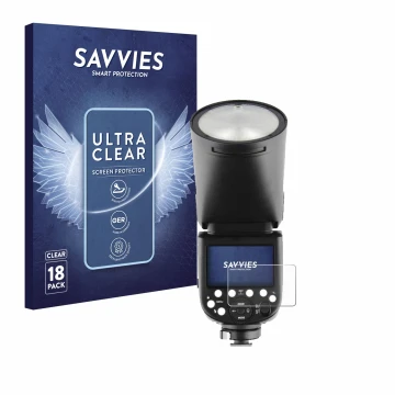 Parte frontal de un envase de producto con el logotipo de la marca Savvies. Al lado se muestra el dispositivo Godox V1 con su 