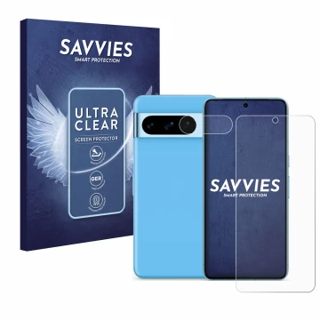 Parte frontal de un envase de producto con el logotipo de la marca Savvies. Al lado se muestra el dispositivo Google Pixel 8 P