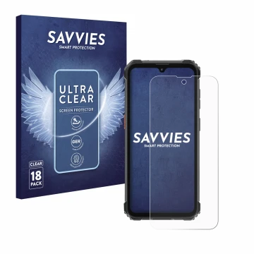 Parte frontal de un envase de producto con el logotipo de la marca Savvies. Al lado se muestra el dispositivo Blackview BV5300