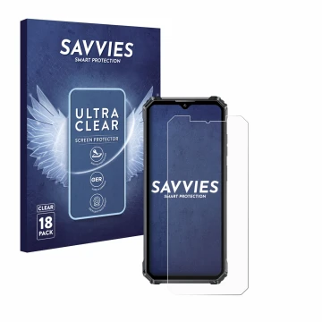 Parte frontal de un envase de producto con el logotipo de la marca Savvies. Al lado se muestra el dispositivo Oukitel WP28 con