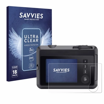 Parte frontal de un envase de producto con el logotipo de la marca Savvies. Al lado se muestra el dispositivo Leica SOFORT 2 c