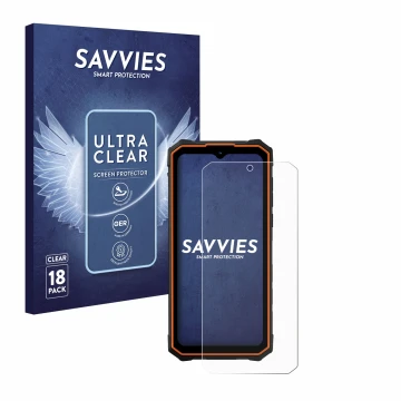 Parte frontal de un envase de producto con el logotipo de la marca Savvies. Al lado se muestra el dispositivo Hotwav Cyber 13 