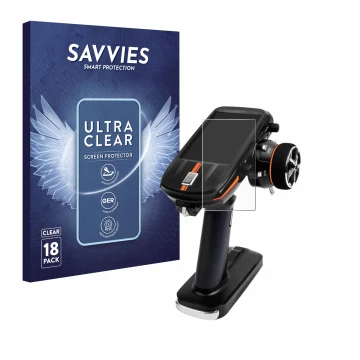Parte frontal de un envase de producto con el logotipo de la marca Savvies. Al lado se muestra el dispositivo RadioLink RC8X c
