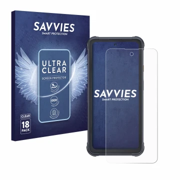 Parte frontal de un envase de producto con el logotipo de la marca Savvies. Al lado se muestra el dispositivo Cubot King Kong 