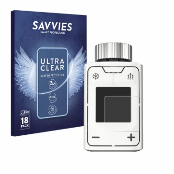 Parte frontal de un envase de producto con el logotipo de la marca Savvies. Al lado se muestra el dispositivo AVM FRITZ!DECT 3
