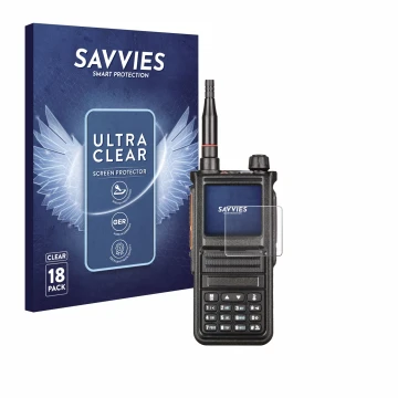 Parte frontal de un envase de producto con el logotipo de la marca Savvies. Al lado se muestra el dispositivo Radtel RT-470X c