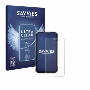 Parte frontal de un envase de producto con el logotipo de la marca Savvies. Al lado se muestra el dispositivo Oukitel WP30 Pro
