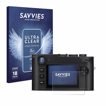 Parte frontal de un envase de producto con el logotipo de la marca Savvies. Al lado se muestra el dispositivo Leica M11-P con 