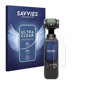 Parte frontal de un envase de producto con el logotipo de la marca Savvies. Al lado se muestra el dispositivo DJI Osmo Pocket 