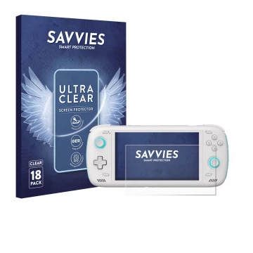 Parte frontal de un envase de producto con el logotipo de la marca Savvies. Al lado se muestra el dispositivo AYN Odin 2 con s
