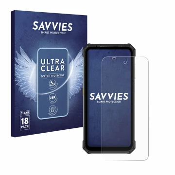Parte frontal de un envase de producto con el logotipo de la marca Savvies. Al lado se muestra el dispositivo Ulefone Armor 24