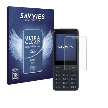 Parte frontal de un envase de producto con el logotipo de la marca Savvies. Al lado se muestra el dispositivo TCL Onetouch 402