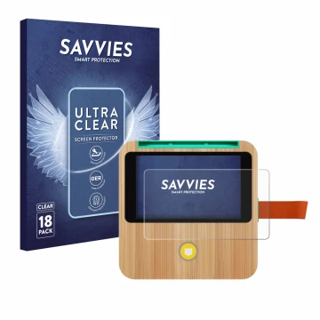 Parte frontal de un envase de producto con el logotipo de la marca Savvies. Al lado se muestra el dispositivo tigerbox Touch P