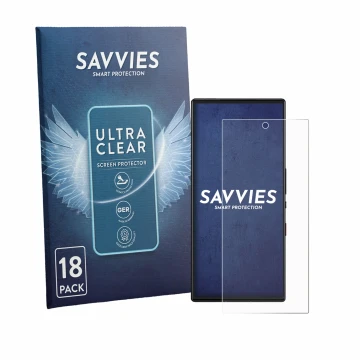 Parte frontal de un envase de producto con el logotipo de la marca Savvies. Al lado se muestra el dispositivo ZTE Nubia Red Ma