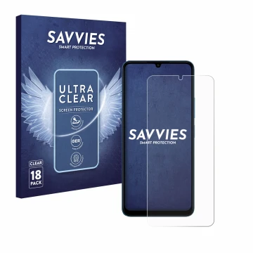 Parte frontal de un envase de producto con el logotipo de la marca Savvies. Al lado se muestra el dispositivo Xiaomi Redmi 13C