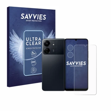 Parte frontal de un envase de producto con el logotipo de la marca Savvies. Al lado se muestra el dispositivo Xiaomi Poco C65 