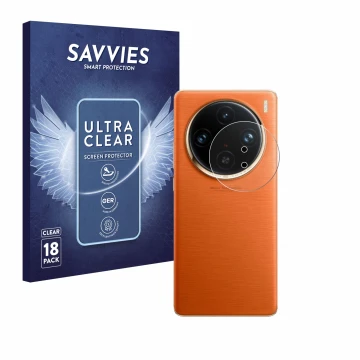 Parte frontal de un envase de producto con el logotipo de la marca Savvies. Al lado se muestra el dispositivo Vivo X100 Pro (S