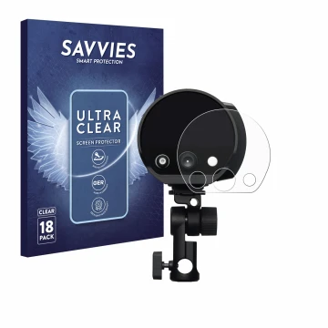 Parte frontal de un envase de producto con el logotipo de la marca Savvies. Al lado se muestra el dispositivo Profoto B10X con