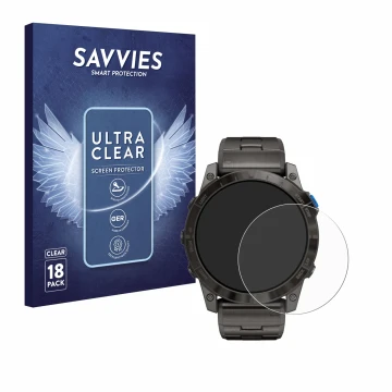 Parte frontal de un envase de producto con el logotipo de la marca Savvies. Al lado se muestra el dispositivo Garmin D2 Mach1 