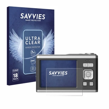 Parte frontal de un envase de producto con el logotipo de la marca Savvies. Al lado se muestra el dispositivo Rollei Compactli