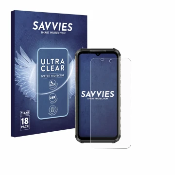 Parte frontal de un envase de producto con el logotipo de la marca Savvies. Al lado se muestra el dispositivo Ulefone Armor 22