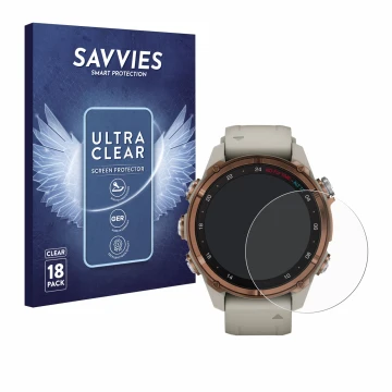 Parte frontal de un envase de producto con el logotipo de la marca Savvies. Al lado se muestra el dispositivo Garmin Descent M