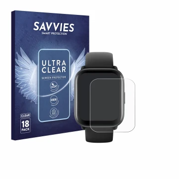 Parte frontal de un envase de producto con el logotipo de la marca Savvies. Al lado se muestra el dispositivo Amazfit Active c