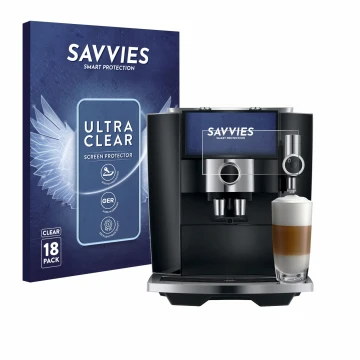 Parte frontal de un envase de producto con el logotipo de la marca Savvies. Al lado se muestra el dispositivo Jura J8 twin con