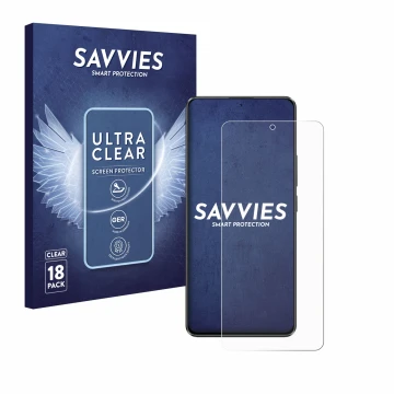 Parte frontal de un envase de producto con el logotipo de la marca Savvies. Al lado se muestra el dispositivo Xiaomi Poco X6 c