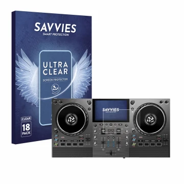Parte frontal de un envase de producto con el logotipo de la marca Savvies. Al lado se muestra el dispositivo Numark Mixstream
