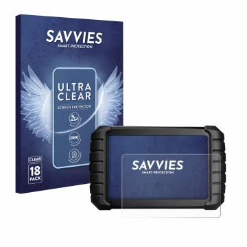 Parte frontal de un envase de producto con el logotipo de la marca Savvies. Al lado se muestra el dispositivo iCarsoft CR Max 
