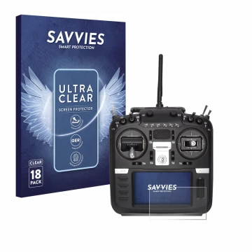 Parte frontal de un envase de producto con el logotipo de la marca Savvies. Al lado se muestra el dispositivo Radiomaster TX16