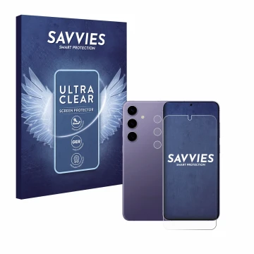 Parte frontal de un envase de producto con el logotipo de la marca Savvies. Al lado se muestra el dispositivo Samsung Galaxy S