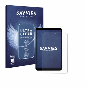 Parte frontal de un envase de producto con el logotipo de la marca Savvies. Al lado se muestra el dispositivo Alldocube iPlay 